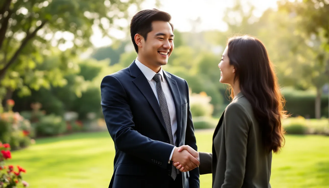 An Asian male attorney is shaking hands with a happy woman who is seeking legal assistance to file for divorce, set against a scenic backdrop of Gardena, California. The image captures a moment of positive interaction, symbolizing the supportive legal services provided by the law firm to clients navigating the divorce process.