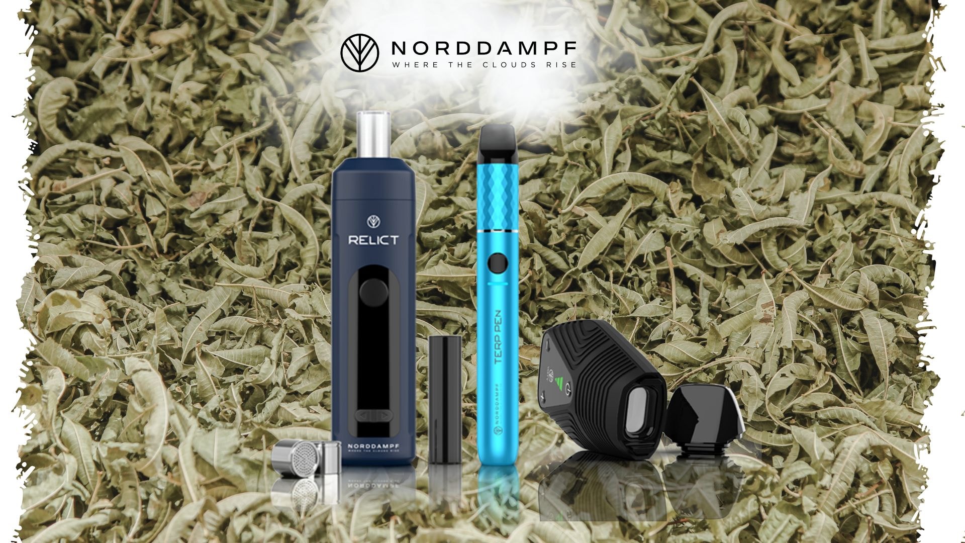 Norddampf Vaporizer mit Kräutern im Hintergrund