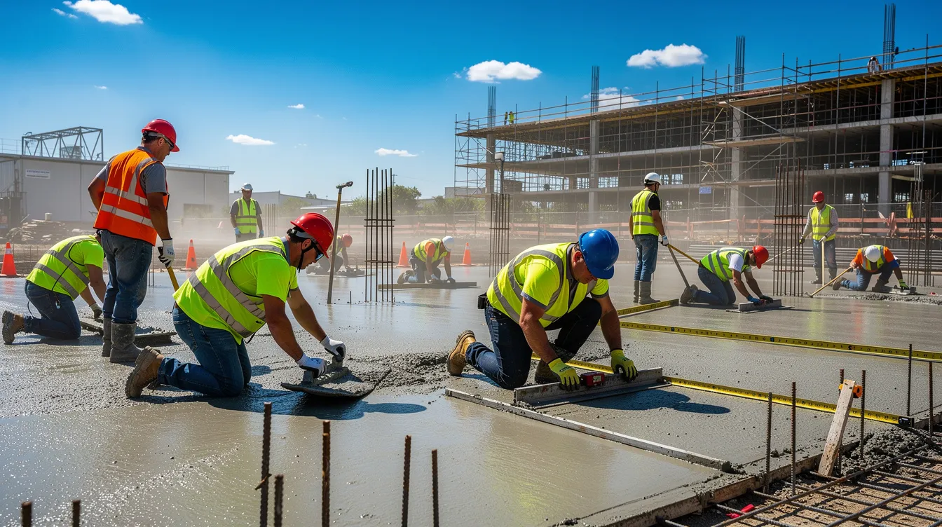 A group of construction workers, dressed in hard hats and high-visibility vests, are actively working on a concrete slab under bright summer sunlight. This scene highlights the importance of safety measures and a strong safety culture in the construction industry, as they focus on their tasks while adhering to safety protocols to mitigate risks.