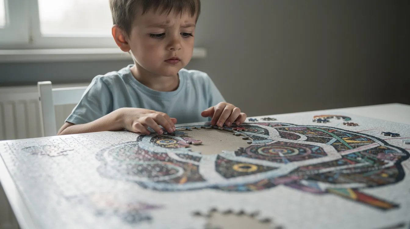 A child gazes intently at a complex puzzle with several pieces missing, symbolizing the cognitive gaps that can hinder their learning process. This image reflects the struggle many children face in their education, highlighting the importance of critical thinking and support from parents and tutors to improve academic performance.
