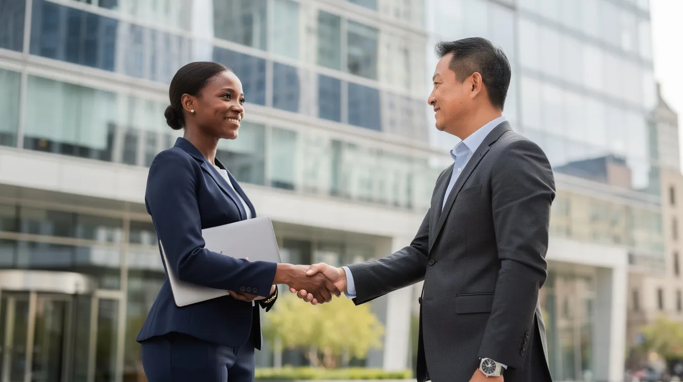 The image depicts two business professionals shaking hands in front of a sleek, modern glass office building, symbolizing a successful partnership in private equity or venture capital investments. This moment reflects the relationship-driven process essential for private equity firms and venture capitalists when negotiating deals with established companies or early-stage startups.