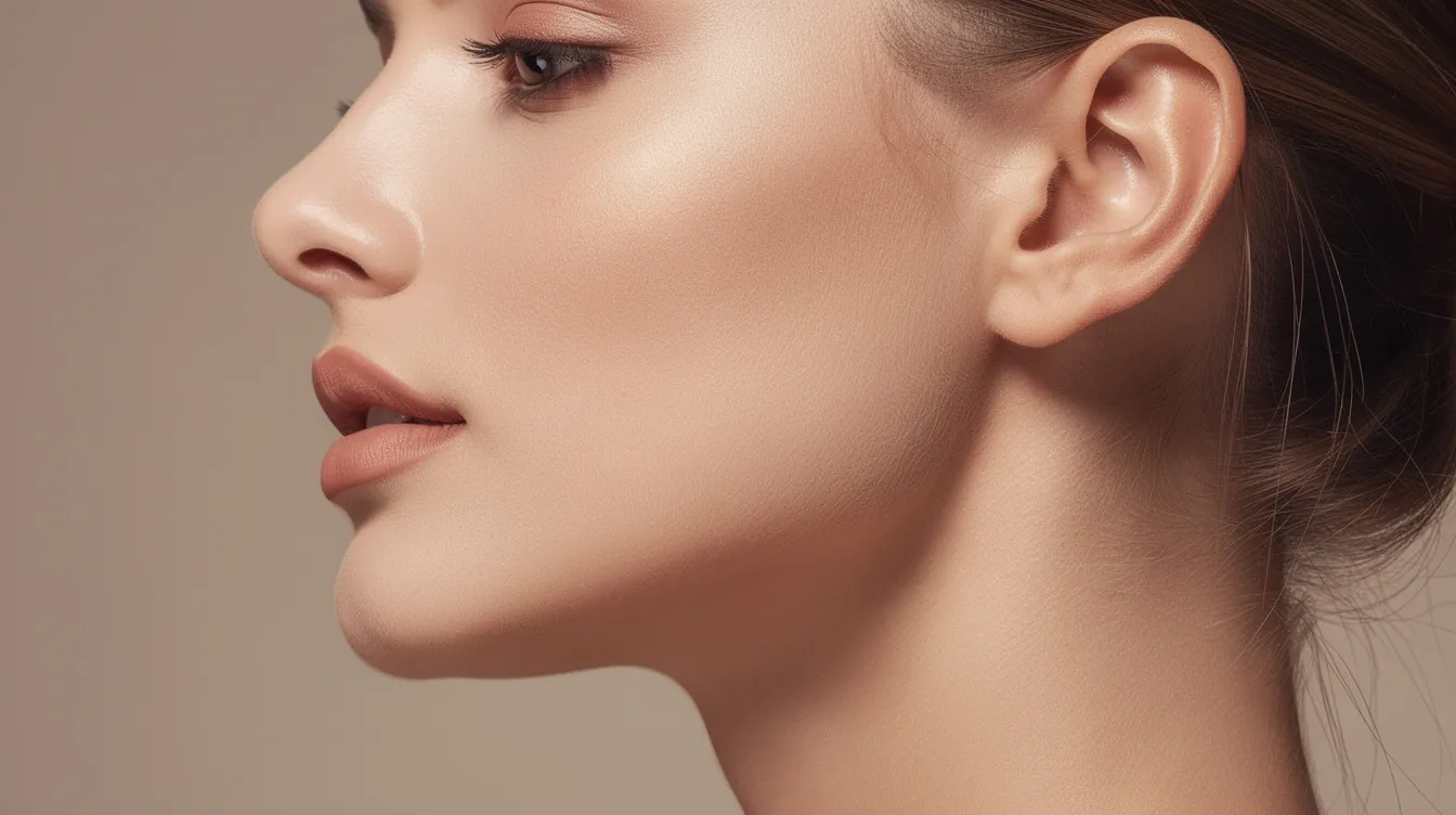 A close-up profile view of a woman showcases her defined jawline and smooth neck, highlighting her youthful appearance and good skin elasticity. This image reflects the results of cosmetic treatments like the Nefertiti neck lift, emphasizing a sculpted jawline and elegant neck free from sagging skin and neck wrinkles.
