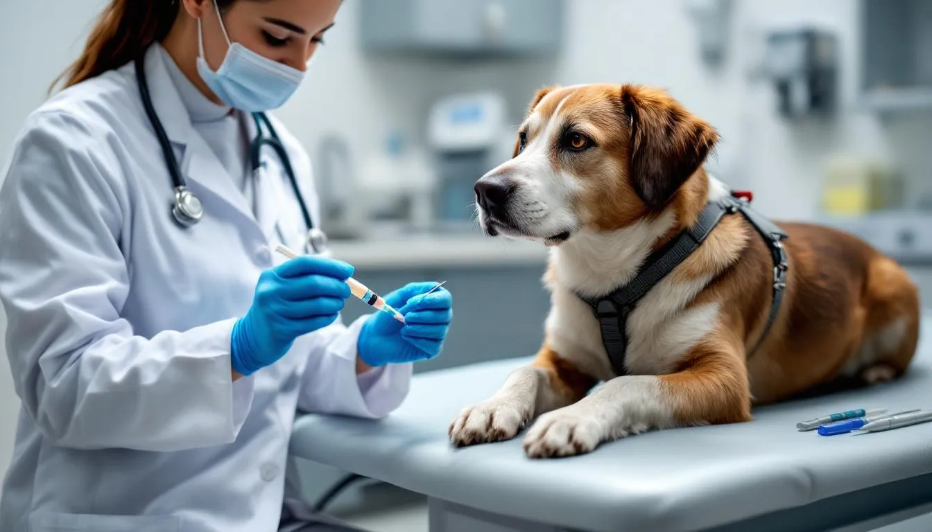 In a professional veterinary setting, a calm dog is lying on an examination table while a veterinarian prepares for a fine needle aspiration procedure to evaluate the dog