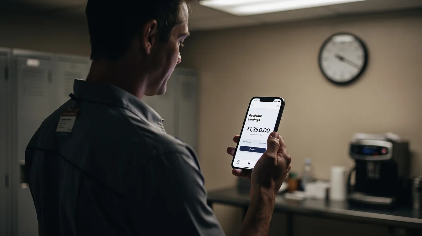 A person is using a smartphone to check their available earnings after completing a work shift, highlighting the convenience of accessing their earned wages instantly. This digital interaction reflects the growing trend of on-demand pay, allowing employees to manage their financial wellness and reduce financial stress.