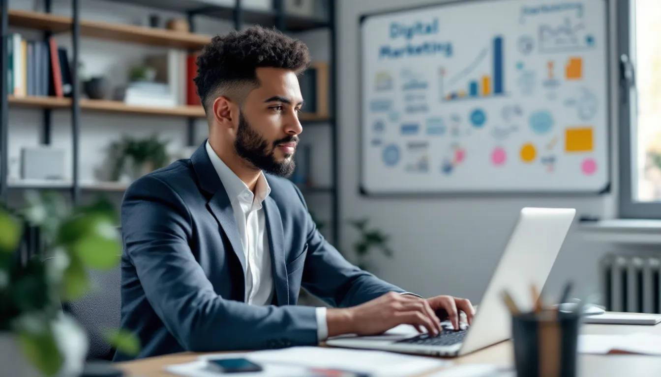 In this image, a diverse marketing team collaborates on developing effective digital marketing strategies, focusing on SEO and content marketing to enhance online visibility and improve a website's search engine rankings. They are engaged in discussions about keyword research and the implementation of a successful SEO campaign to drive organic traffic and generate leads for their clients.