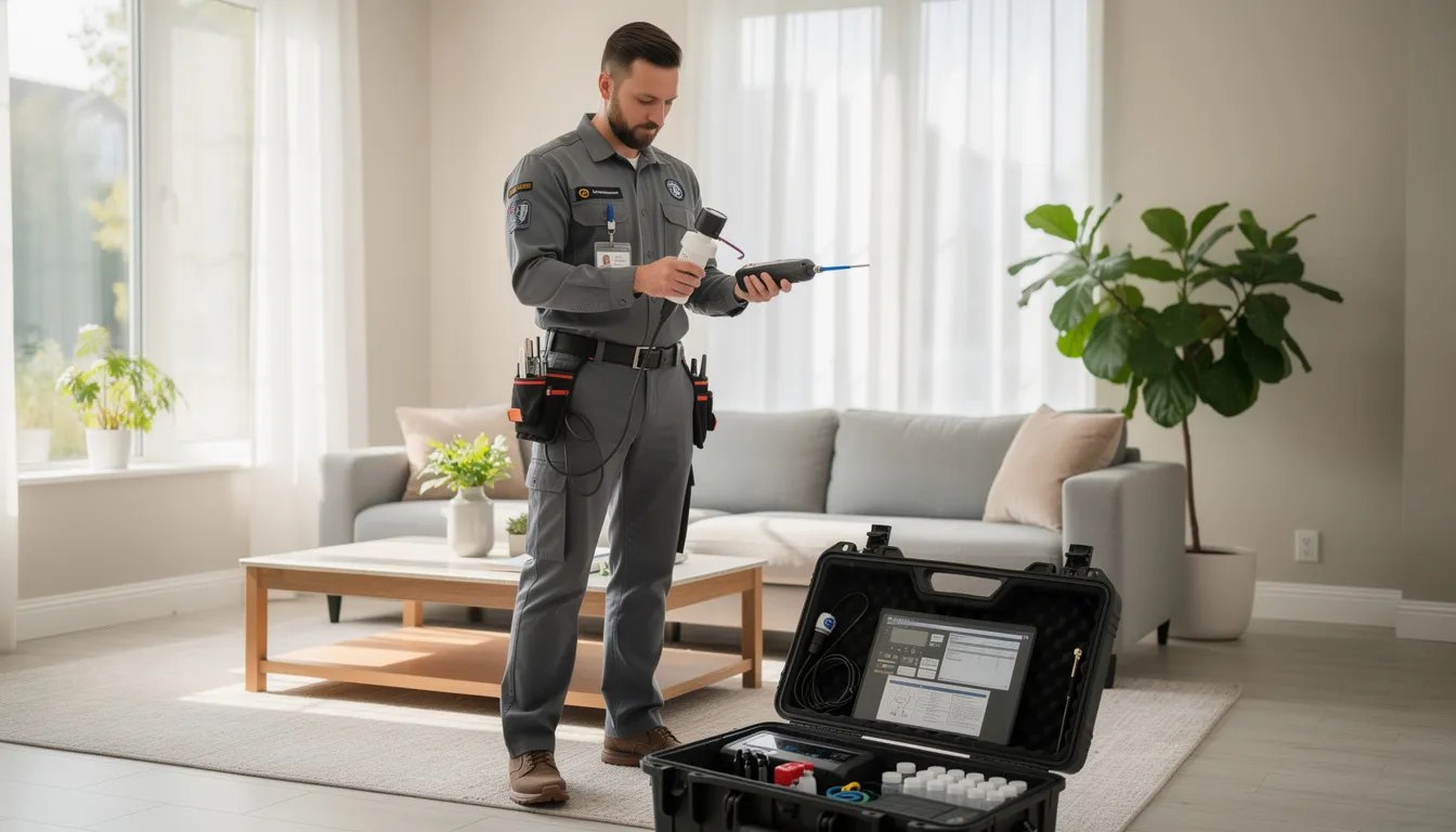 A professional technician is conducting indoor air quality testing in a residential living room, using specialized equipment to analyze air samples for pollutants and allergens. The technician is focused on ensuring a safe indoor environment by identifying potential health concerns such as mold growth and poor air quality.