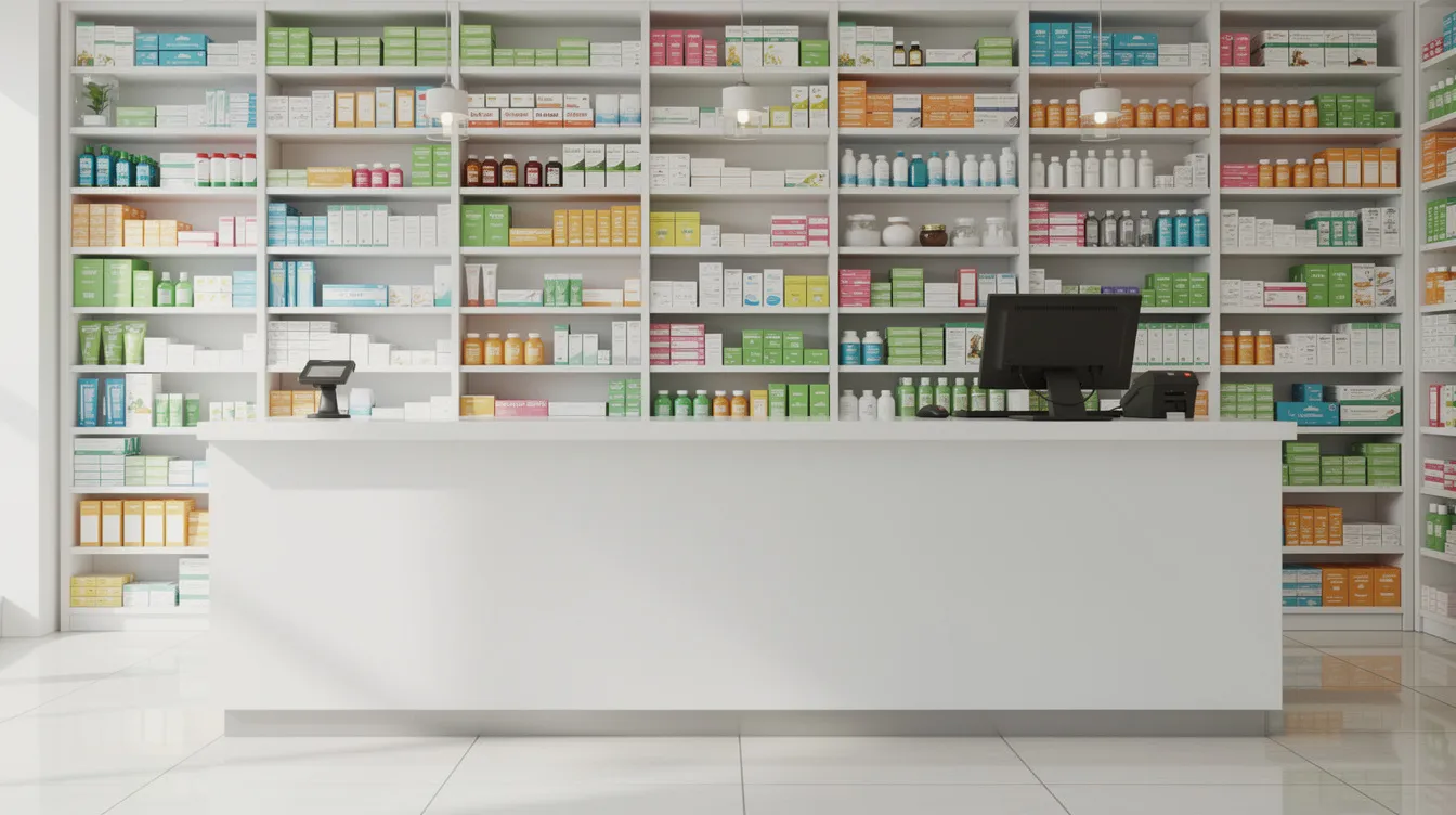 Imagen de un mostrador de farmacia con estantes organizados que exhiben diversos medicamentos, incluyendo comprimidos y tabletas para el tratamiento de la diabetes tipo 2, como la semaglutida y metformina. Los productos están dispuestos de manera ordenada, facilitando su acceso para pacientes que buscan información sobre dosis, efectos secundarios y precios.