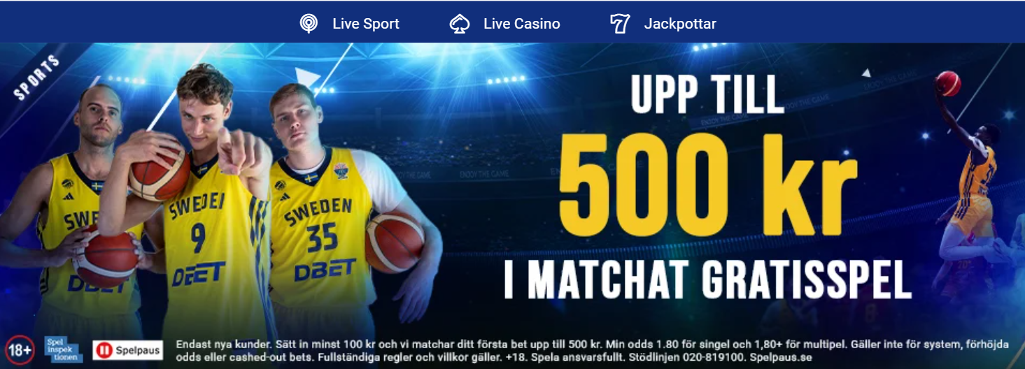 DBET:s sportbonus med ett matchat gratisspel på upp till 500 kr för nya kunder.