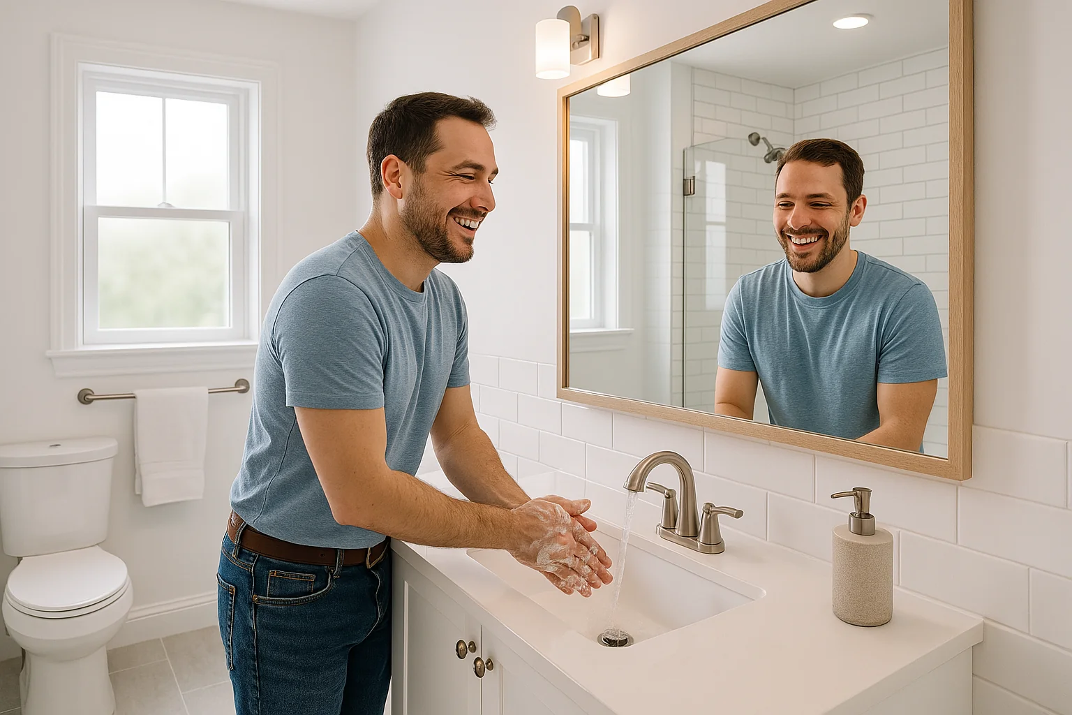 A happy man looking in the mirror, washing has hands in a nice new bathroom