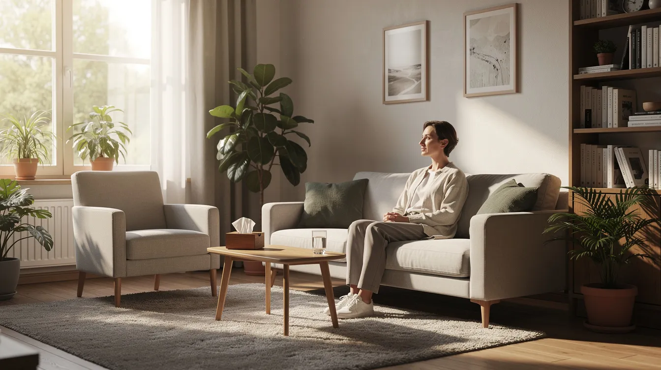 The image depicts a person sitting comfortably in a sunlit room designed for therapy, surrounded by inviting furniture that fosters a sense of calm and support. This peaceful environment reflects the essence of mental health sessions, where individuals can engage in honest conversations with their therapist about feelings and challenges.