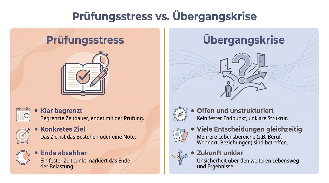 Vergleich von Prüfungsstress und Übergangskrise: Prüfungsstress ist zeitlich begrenzt und hat ein klares Ziel, während eine Übergangskrise durch offene Entscheidungen und Zukunftsunsicherheit geprägt ist.