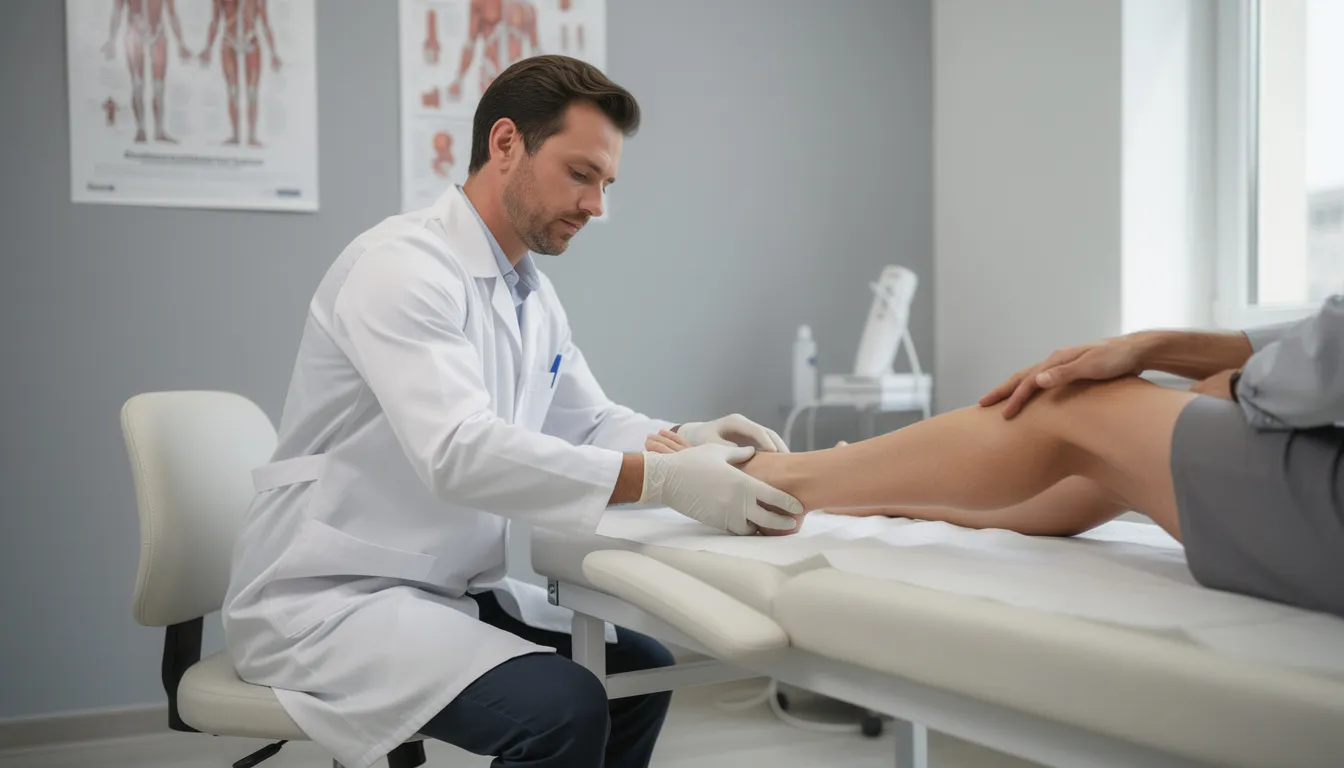 A doctor is examining a patient's ankle and lower leg in a clinical setting, assessing for potential achilles tendon injuries such as achilles tendonitis or tendon tears. The examination may involve checking for swelling and pain in the affected area, which can be common in individuals with tight calf muscles or those who engage in physical activity.