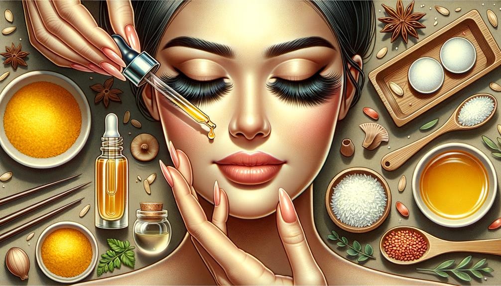 A woman receives a care treatment with high-quality oils, surrounded by natural ingredients like herbs and spices – holistic beauty care for healthy eyelashes.