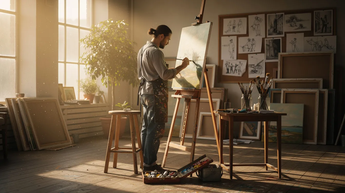 The image depicts an artist deeply focused on painting at an easel in a sunlit studio, surrounded by vibrant colors and brushes, embodying the essence of human creativity and interaction. This scene contrasts with the ongoing debate about generative AI and its impact on human activity, highlighting the importance of preserving unique artistic skills in a world increasingly influenced by technology.