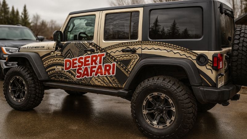 A Jeep wrangler used for advertisement of desert saari service