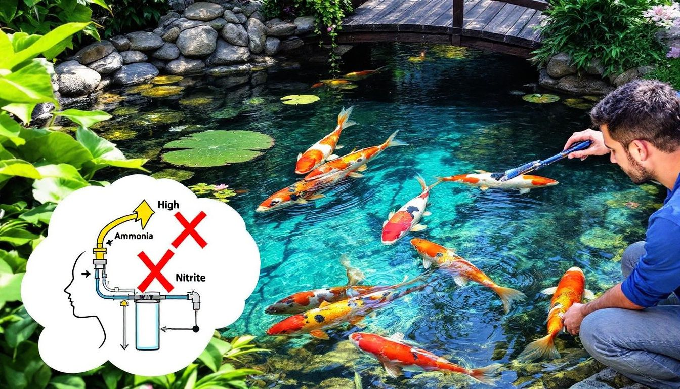 Troubleshooting high ammonia and nitrite levels in koi ponds.