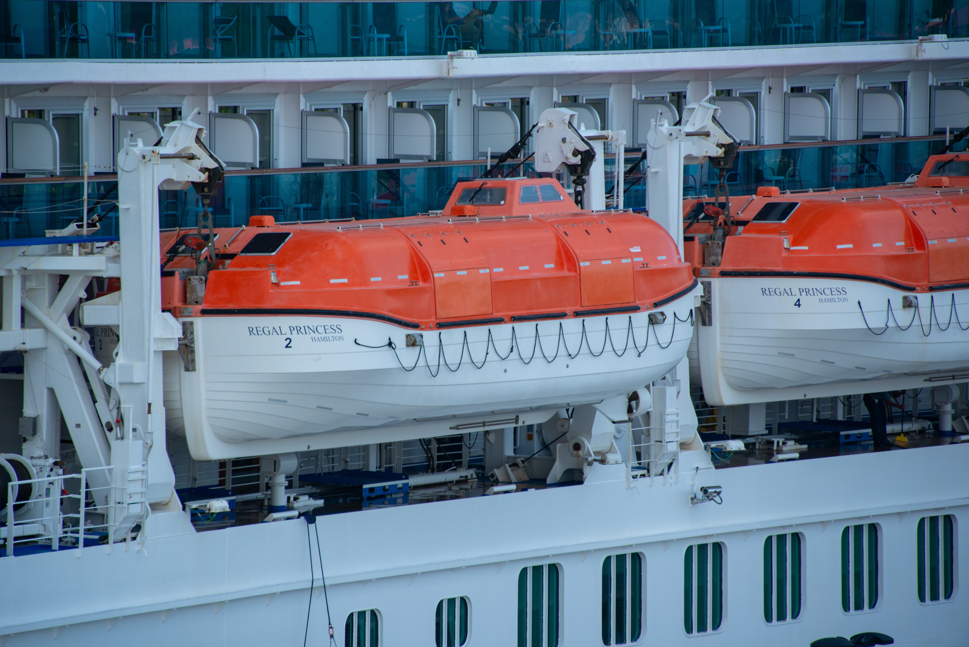 Totally enclosed lifeboats on a passenger ship