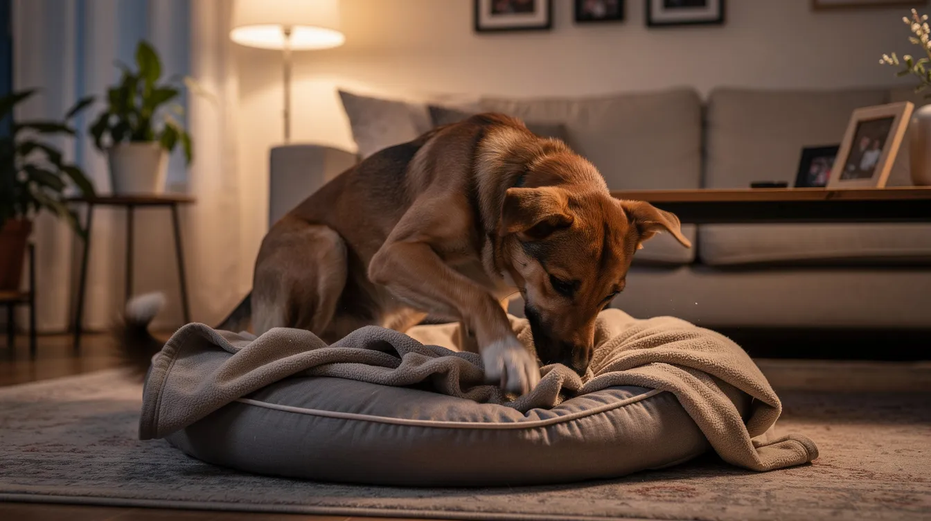 The image depicts a dog engaging in its natural instinct to dig and scratch at its comfortable bed, creating a cozy spot for resting. This behavior reflects a common pre-sleep ritual observed in many dogs, reminiscent of their wild ancestors who would dig to create a nest or comfortable sleeping area.