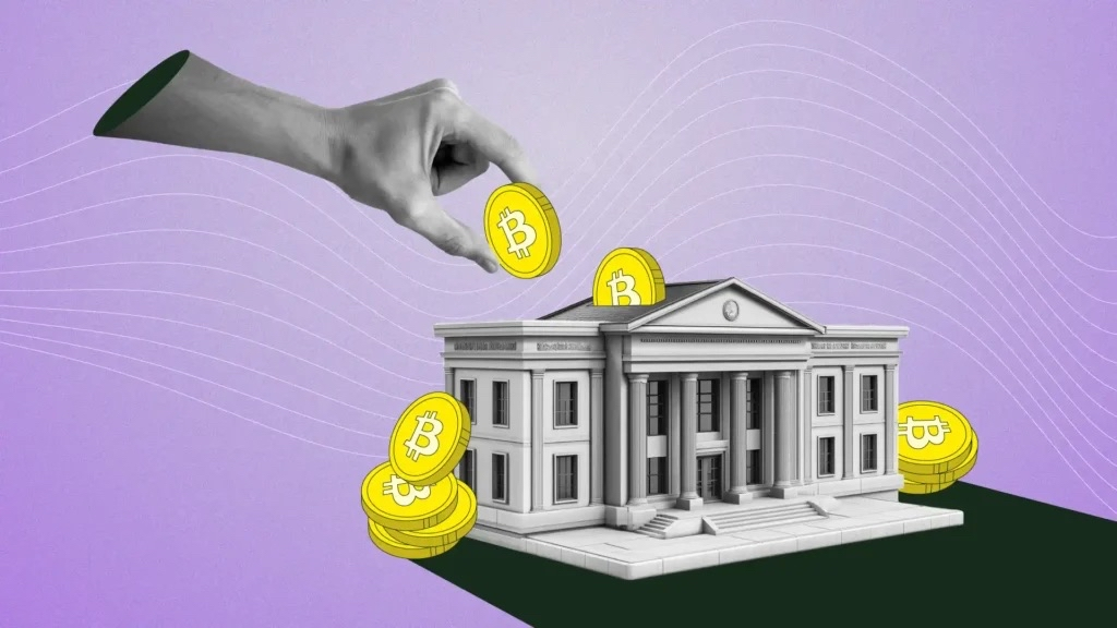 Bank Building - Corporate finance - digital asset treasuries - institutional investors - fiat currencies - crypto holdings – companies – cash – market – bitcoin – blockchain – blockchain technology – crypto assets – decentralized finance – digital assets - ethereum An image of a Bank Building with Bitcoin being deposited into it highlighting institutions now accepting Bitcoin.