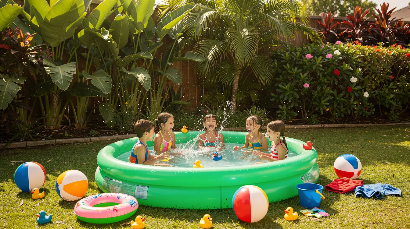 A lively scene shows children in colorful swimsuits splashing joyfully in an inflatable pool adorned with dinosaur party decorations, surrounded by vibrant tropical plants and playful pool toys. The atmosphere is filled with fun, making it a perfect setting for a dinosaur-themed birthday party.