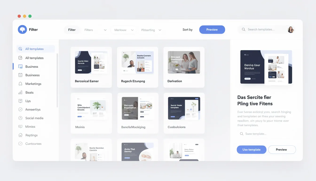 The image shows a template selection interface for customizable business card templates, featuring filtering and browsing options to help users easily find and create their own unique designs. It includes various categories for styles, fonts, and brand colors, allowing users to personalize their business cards to leave a lasting impression on clients.