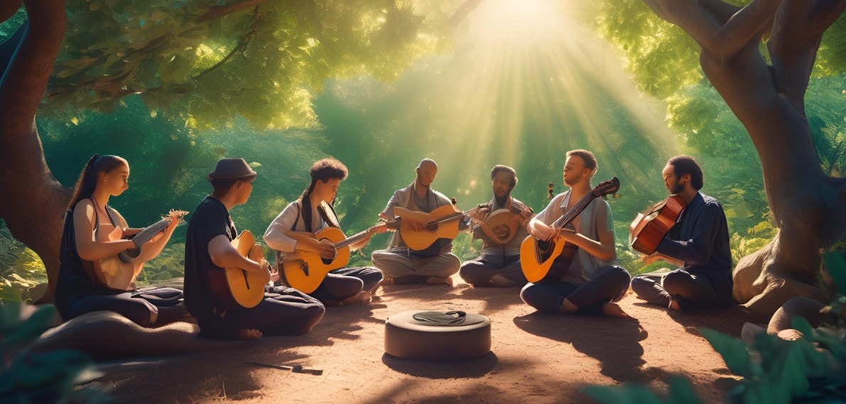 Group of people meditating outdoors with soft music at sunset