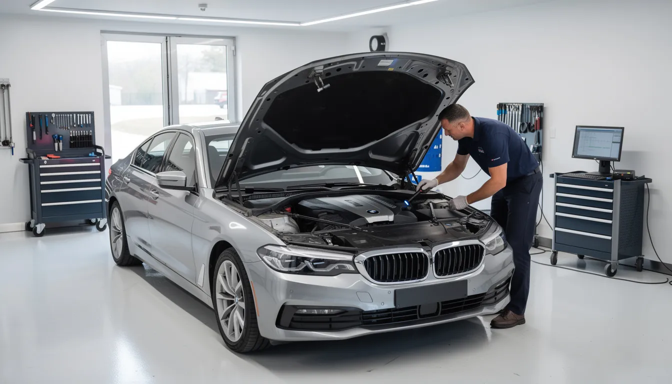 A professional mechanic is inspecting the engine bay of a BMW sedan in a clean service bay, showcasing the commitment to high-quality BMW repair services. The scene highlights the use of specialized tools and equipment, emphasizing the importance of regular maintenance for peak performance and reliability of BMW vehicles.
