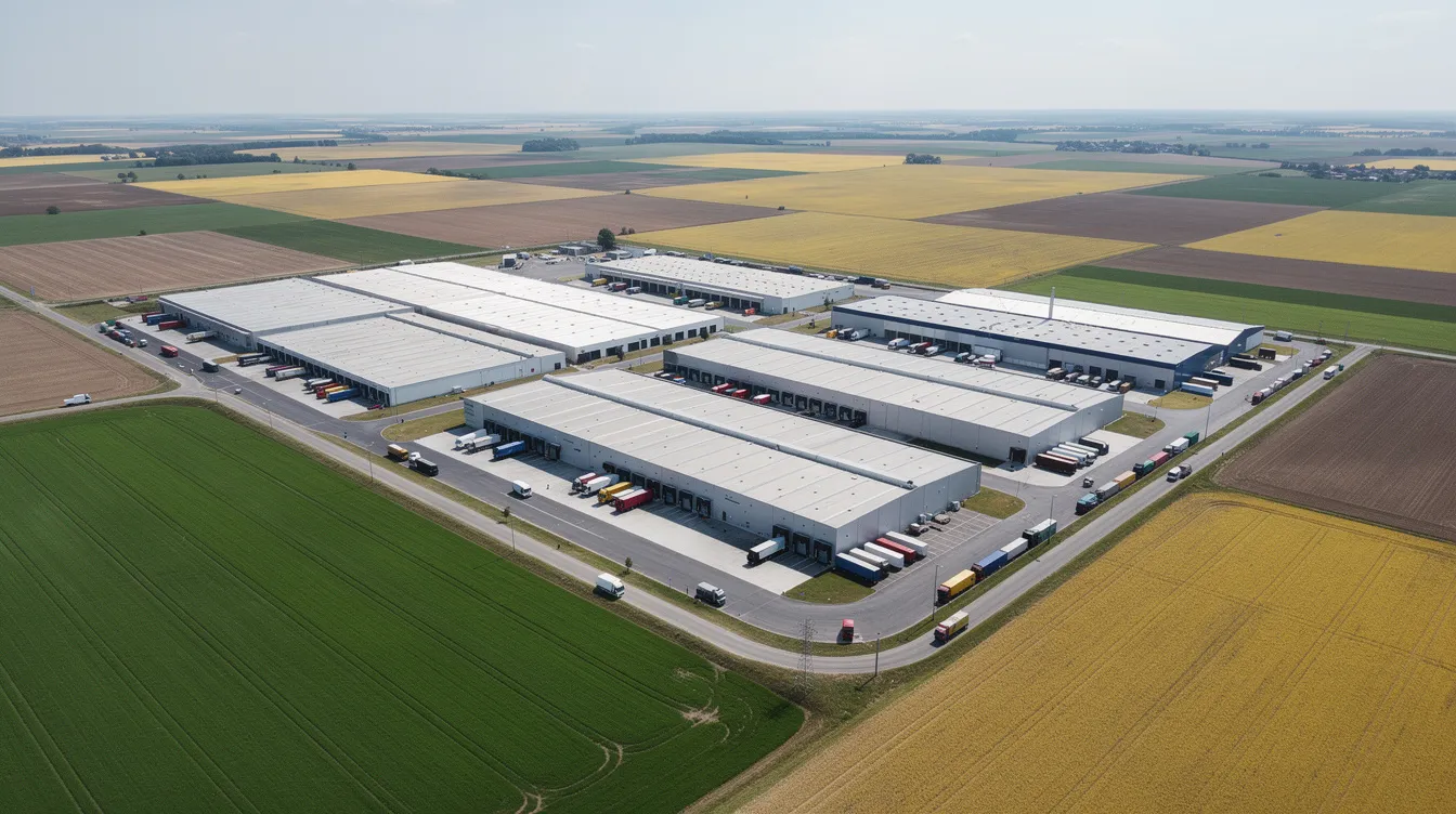 An aerial view showcases an industrial facility featuring multiple warehouses and sheds, with trucks navigating internal roads, all set against a backdrop of expansive agricultural land. This layout could be indicative of a rice mill plant, emphasizing the importance of land acquisition and operational efficiency in rice mill projects.