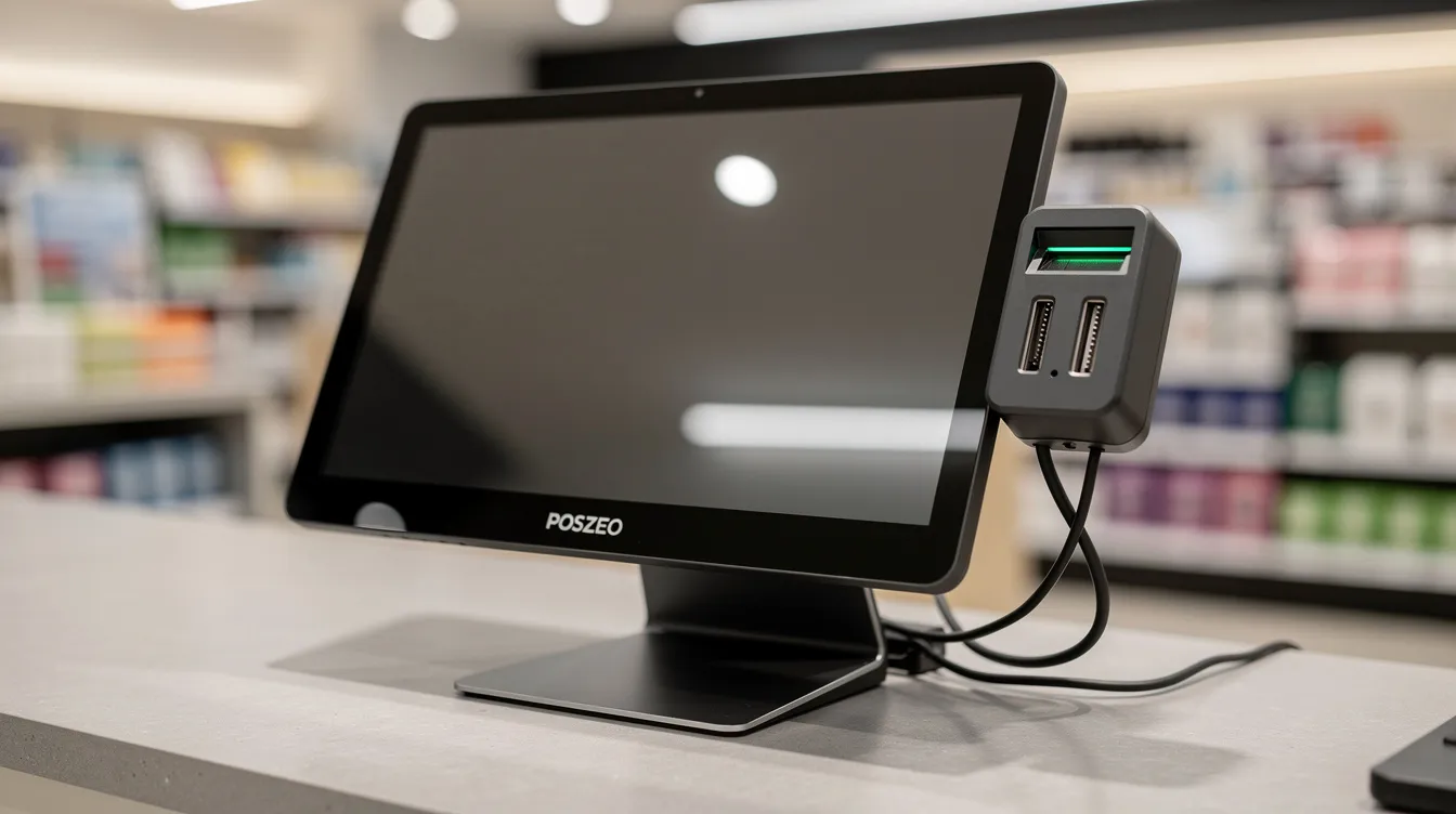 A modern retail checkout counter features a sleek 15-inch all-in-one POS terminal with a subtle POSZEO wordmark, showcasing an integrated 3-track MSR reader on the side. The scene is illuminated by soft indoor lighting, highlighting the realistic textures of the countertop and organized cabling in a professional B2B environment.
