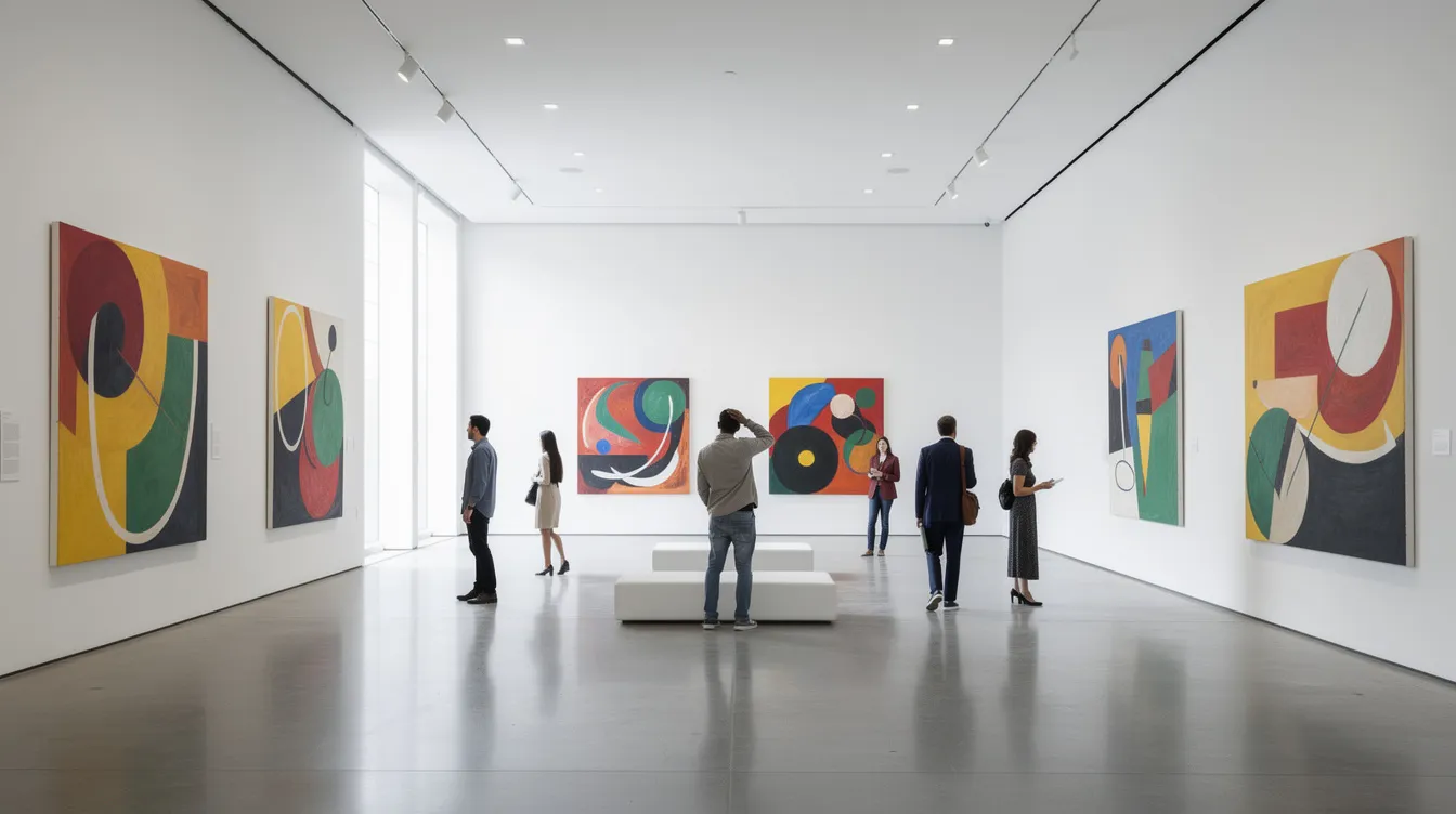 The image depicts the interior of a modern fine art gallery, showcasing large contemporary paintings on pristine white walls, with visitors leisurely walking through, appreciating the art. This scene reflects the vibrant art market, where art collectors and investors explore important artworks as part of their investment portfolios.