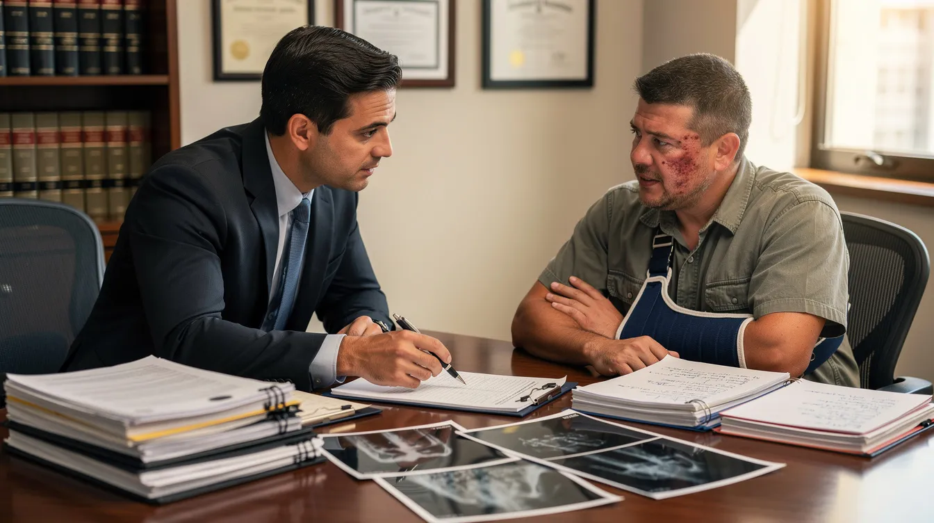 An experienced workers compensation attorney is reviewing medical documents with an injured worker, discussing the details of their workplace injury and the potential for receiving workers compensation benefits, including temporary disability benefits and medical treatment options. The setting conveys a sense of support and guidance in navigating the workers compensation process.