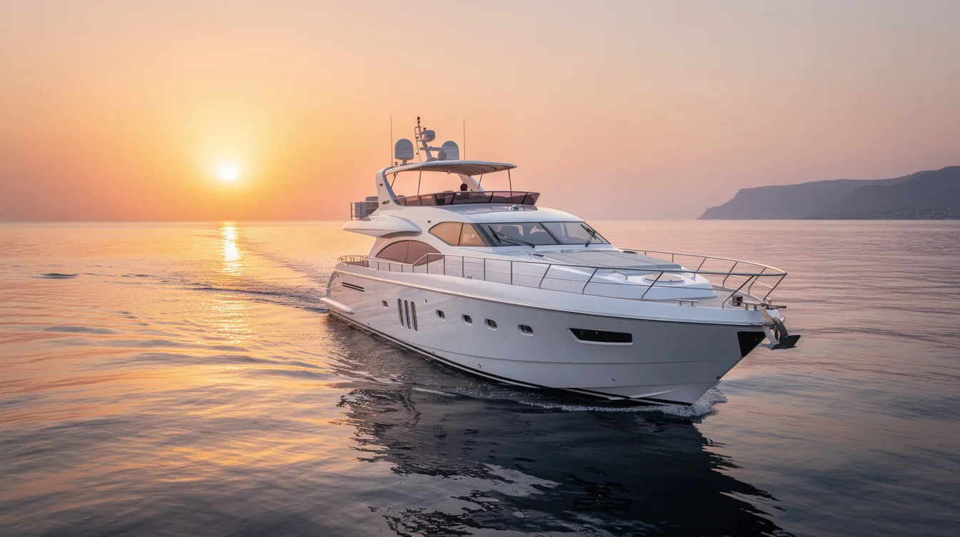 Eine weiße Luxusyacht schaukelt sanft auf dem ruhigen Mittelmeer, während die Sonne am Horizont untergeht und den Himmel in warmen Farben erleuchtet. Diese Szenerie erinnert an den Lebensstil von Formel 1 Fahrern wie Max Verstappen, die mit ihrem Vermögen solche traumhaften Momente genießen können.