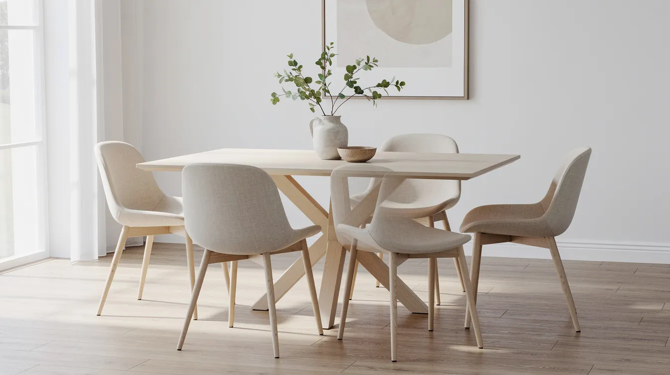 The image features a light-toned Scandinavian style round dining table with a cross-leg base, surrounded by contemporary chairs, creating a warm and inviting atmosphere in the dining area. This elegant setup serves as a focal point for gatherings, showcasing a blend of natural beauty and modern design.