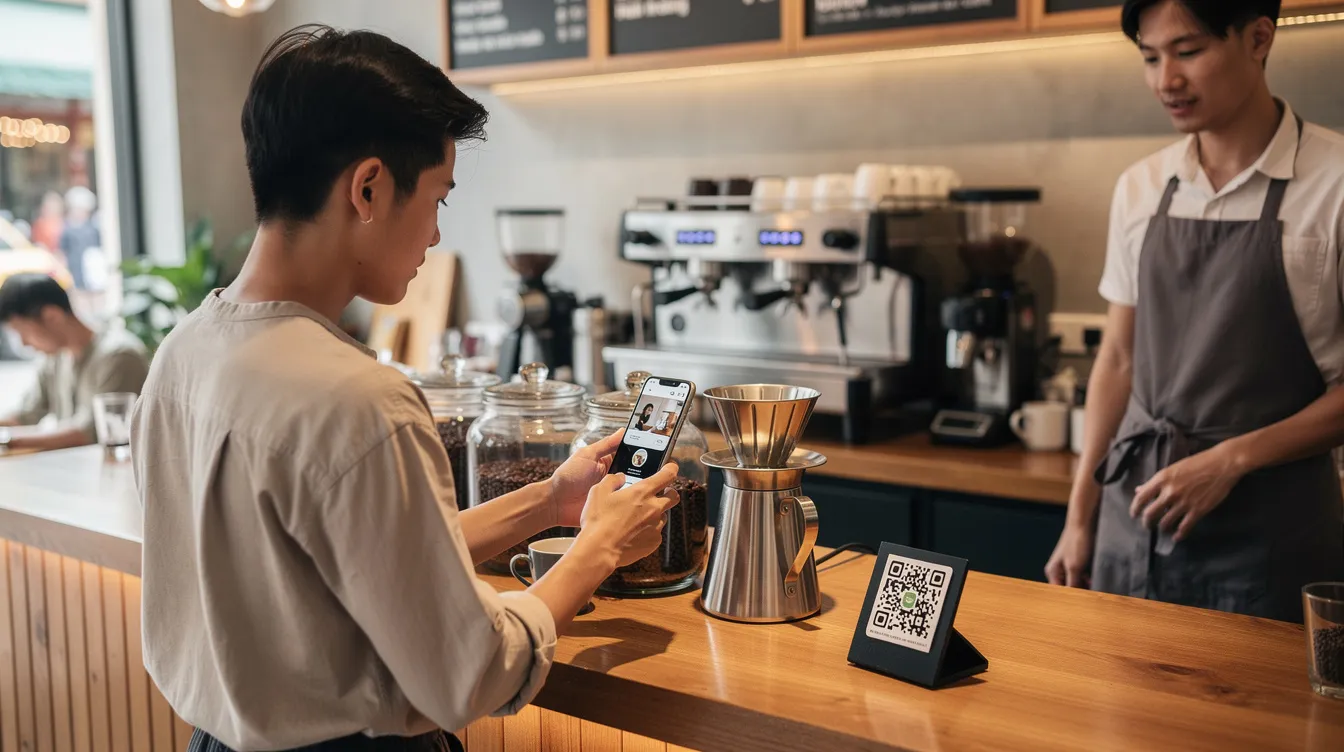 A customer is using their phone to scan a QR code at a Vietnamese coffee shop counter, showcasing the growing trend of cashless payments and digital payment options in Vietnam. This scene highlights the popularity of QR payments as a preferred payment method among consumers in everyday spending.