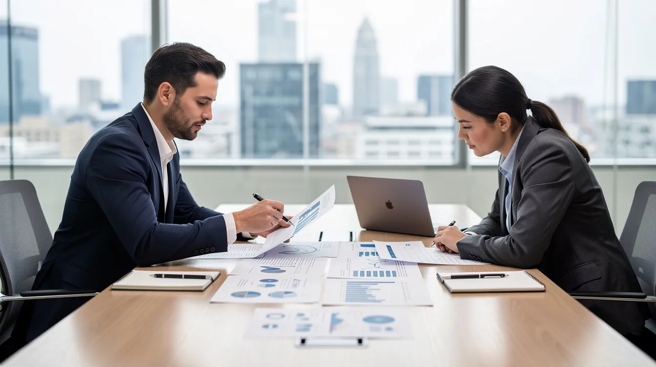 The image depicts a professional meeting between two individuals seated at a desk, reviewing documents that may include pay stubs and wage claims related to unpaid wages and potential wage theft. This setting suggests a focus on understanding labor laws and addressing wage and hour violations in the workplace.