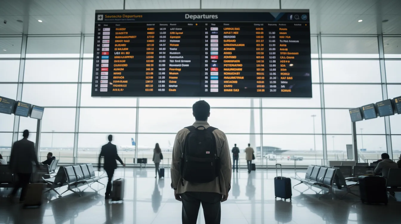 A traveler stands in an airport terminal, intently gazing at a large departure board that displays flight information. This scene captures the anticipation of travel, as the individual prepares to embark on a journey that may involve obtaining a visa to enter a country in Europe.