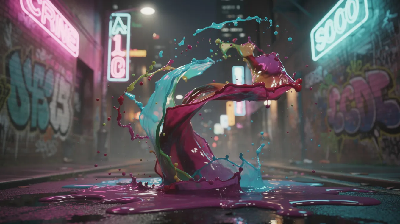 A vibrant urban street scene filled with colorful ink splashes, neon signs, and striking graffiti art, reminiscent of the dynamic world found in multiplayer games like Splatoon. The lively atmosphere captures the essence of competition and creativity, inviting players to explore and engage with their surroundings.