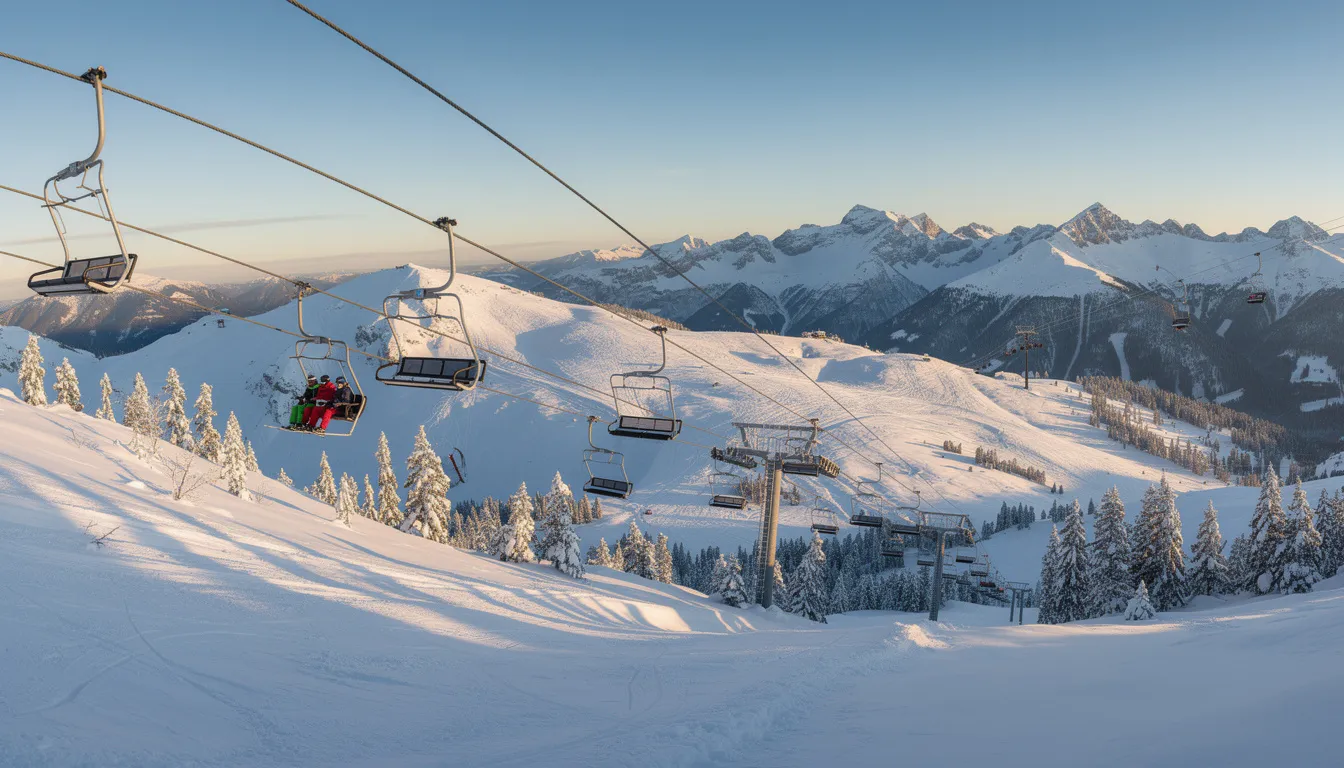 Ein Panoramablick auf schneebedeckte Bergabhänge mit Skiliften, der die Schönheit eines Skigebiets zeigt. Diese beeindruckende Landschaft lädt zu einem Skitag ein, während die verschiedenen Skipässe, wie Tagesskipass und Halbtageskarten, für Wintersportler zur Verfügung stehen.