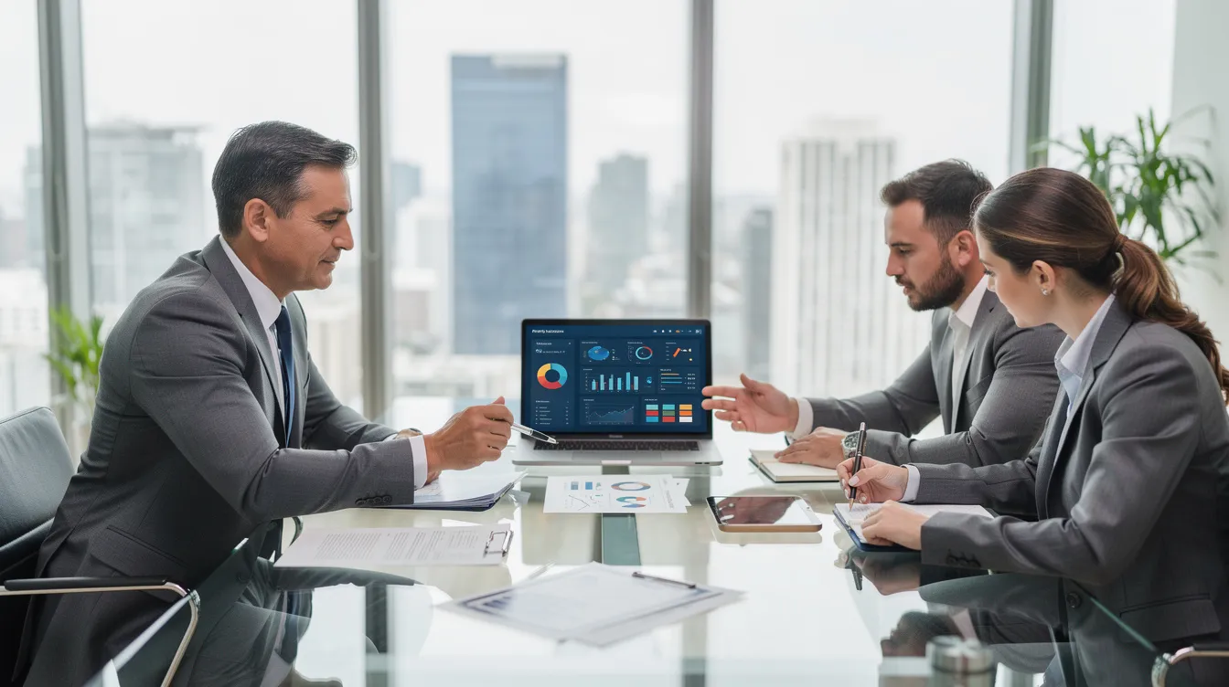 In a modern office setting, a financial advisor is engaged in a professional meeting with clients, reviewing a retirement savings plan that includes details about health savings accounts (HSA) and strategies for covering future medical expenses. The discussion emphasizes the tax benefits of using HSA funds for qualified medical expenses and the importance of planning for healthcare costs in retirement.
