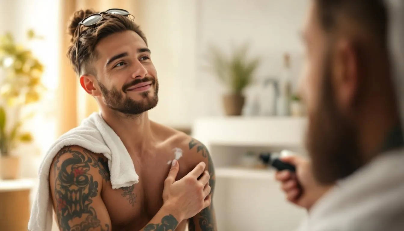 A person moisturizing their tattooed skin after sauna use, promoting proper healing.