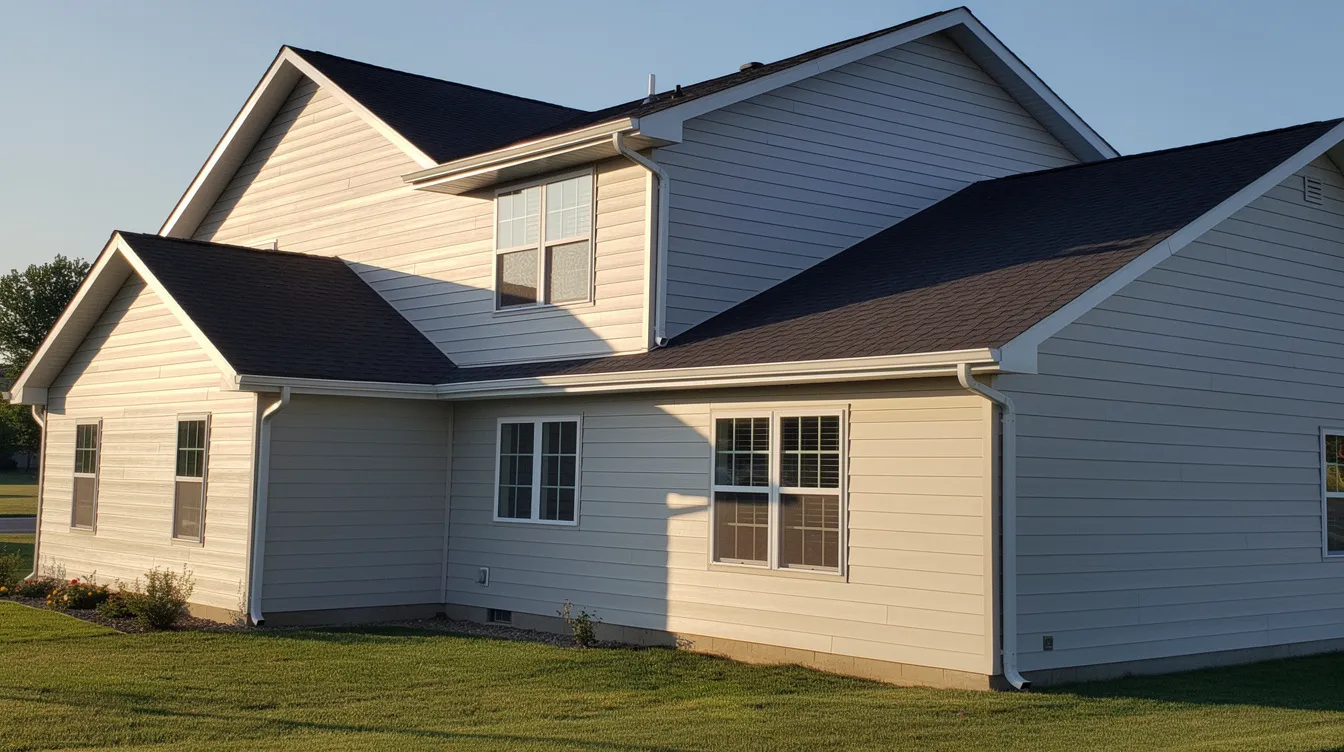 Seamless aluminum gutters on a two-story home with clean fascia trim for efficient drainage and curb appeal.