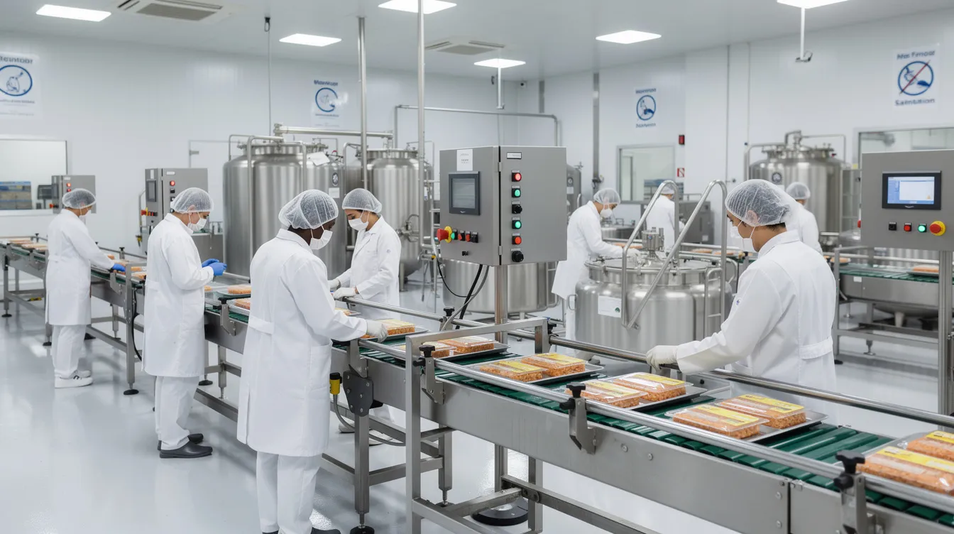 The image shows workers in white uniforms and hairnets operating food processing machines in a clean factory, emphasizing the puffed rice manufacturing process. This environment highlights the importance of quality control and hygiene in the food processing industry, particularly in the production of popular snacks like muri and breakfast cereals.