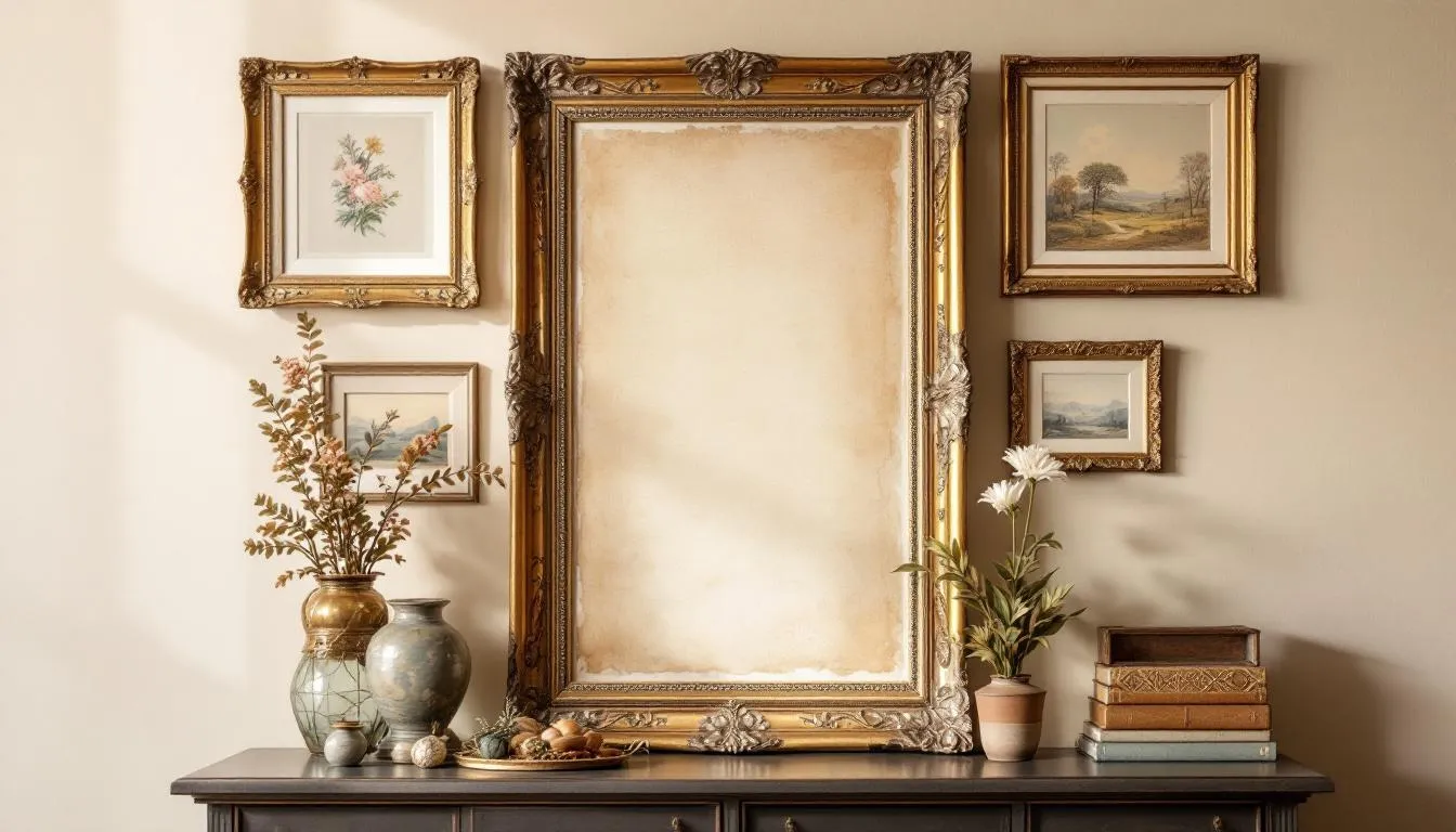 In the image, a beautifully arranged gallery wall showcases various vintage wall art styles, including antique paintings and geometric shapes that add visual interest to the living room. The timeless appeal of these vintage pieces is complemented by sleek furniture and soft lighting, creating a serene atmosphere that enhances the room's decor.