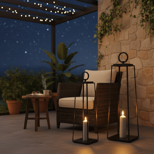 Lantern-style floor lights with candles, creating a warm and inviting glow on a cozy outdoor patio, complemented by string lights overhead.