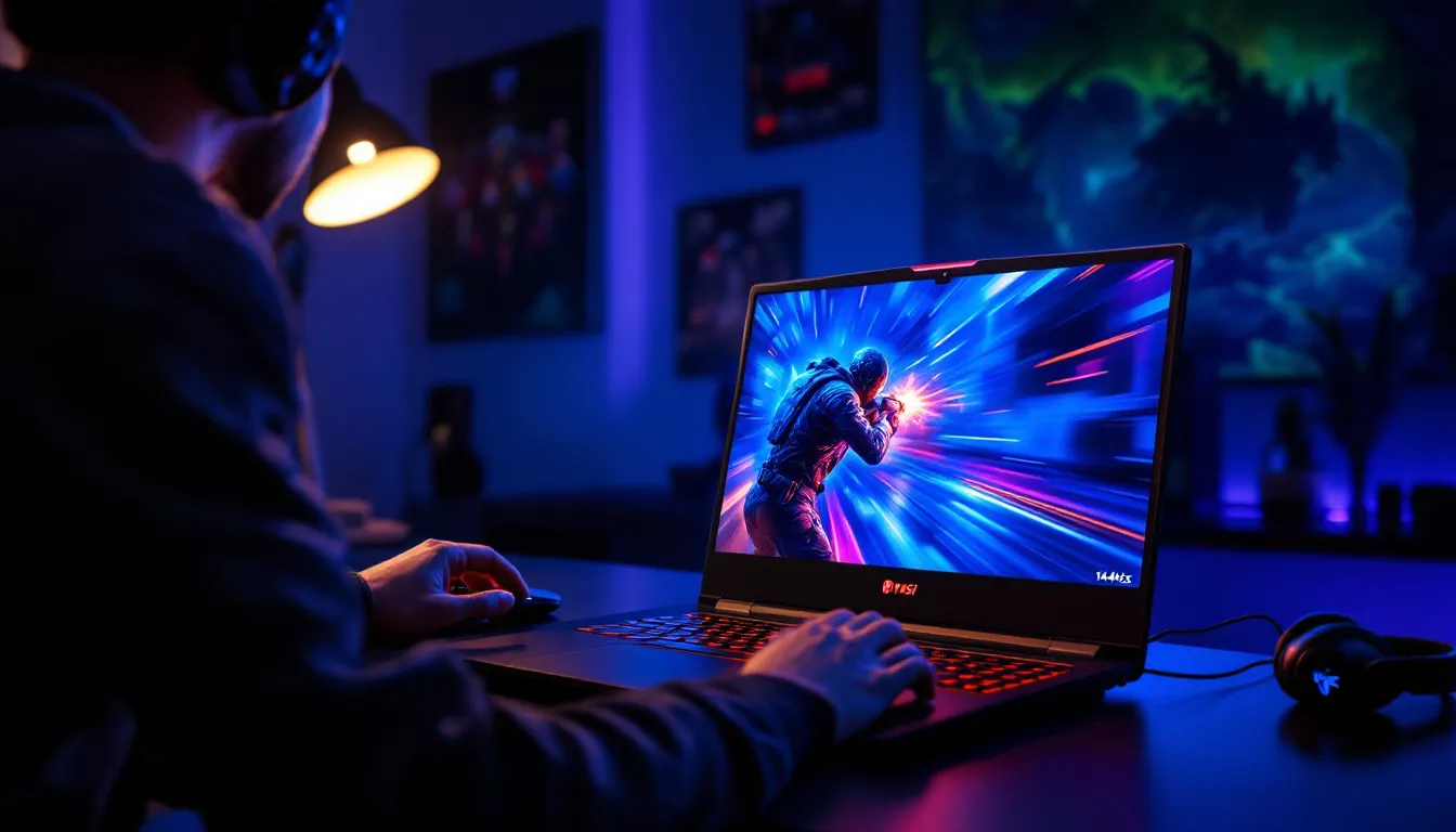 Ein Spieler, der das MSI Katana Gaming Notebook benutzt und ein intensives Spielerlebnis hat.