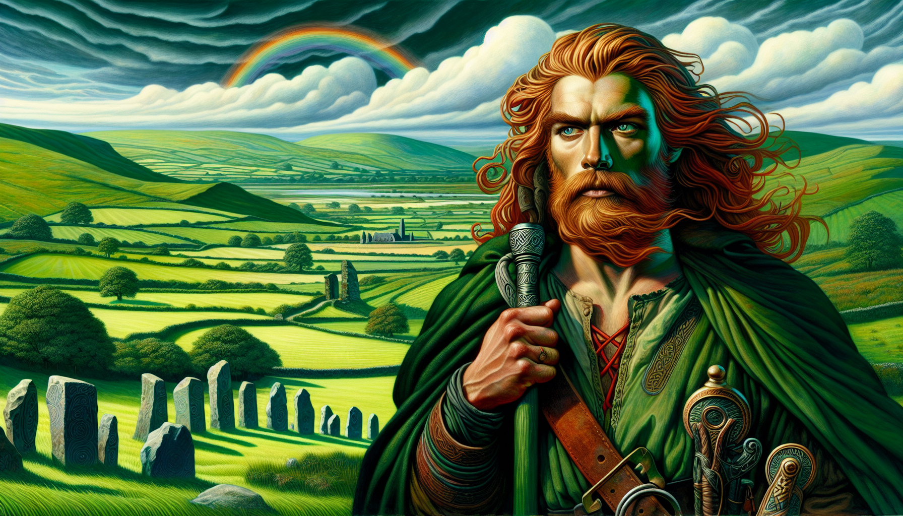 Illustration of Finn McCool in the Irish countryside