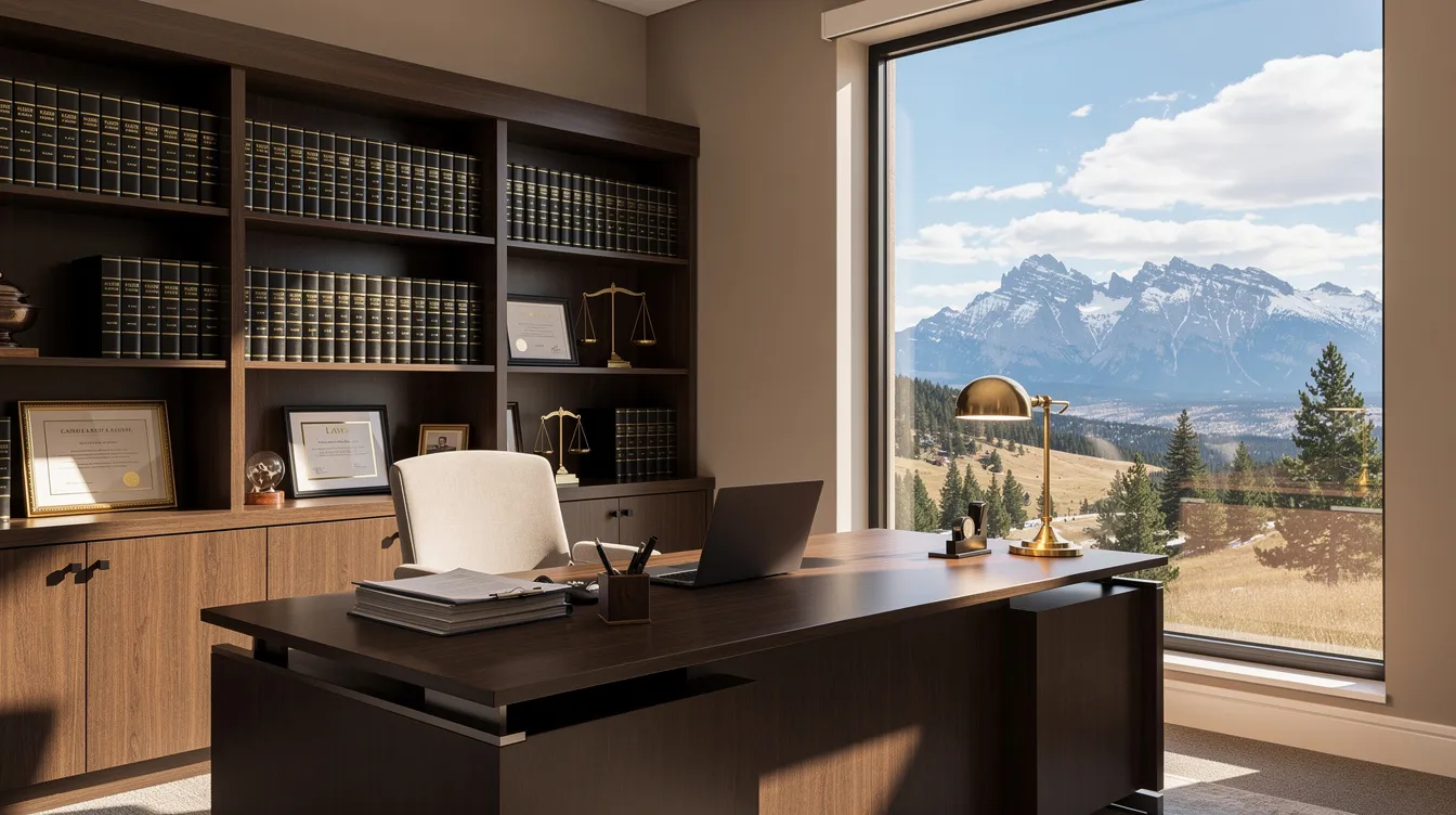 The image depicts a professional attorney office featuring a desk cluttered with legal books and documents, while a serene Colorado landscape is visible through the window. This setting reflects a welcoming environment for clients seeking assistance from a car accident lawyer or personal injury attorney in Castle Rock.