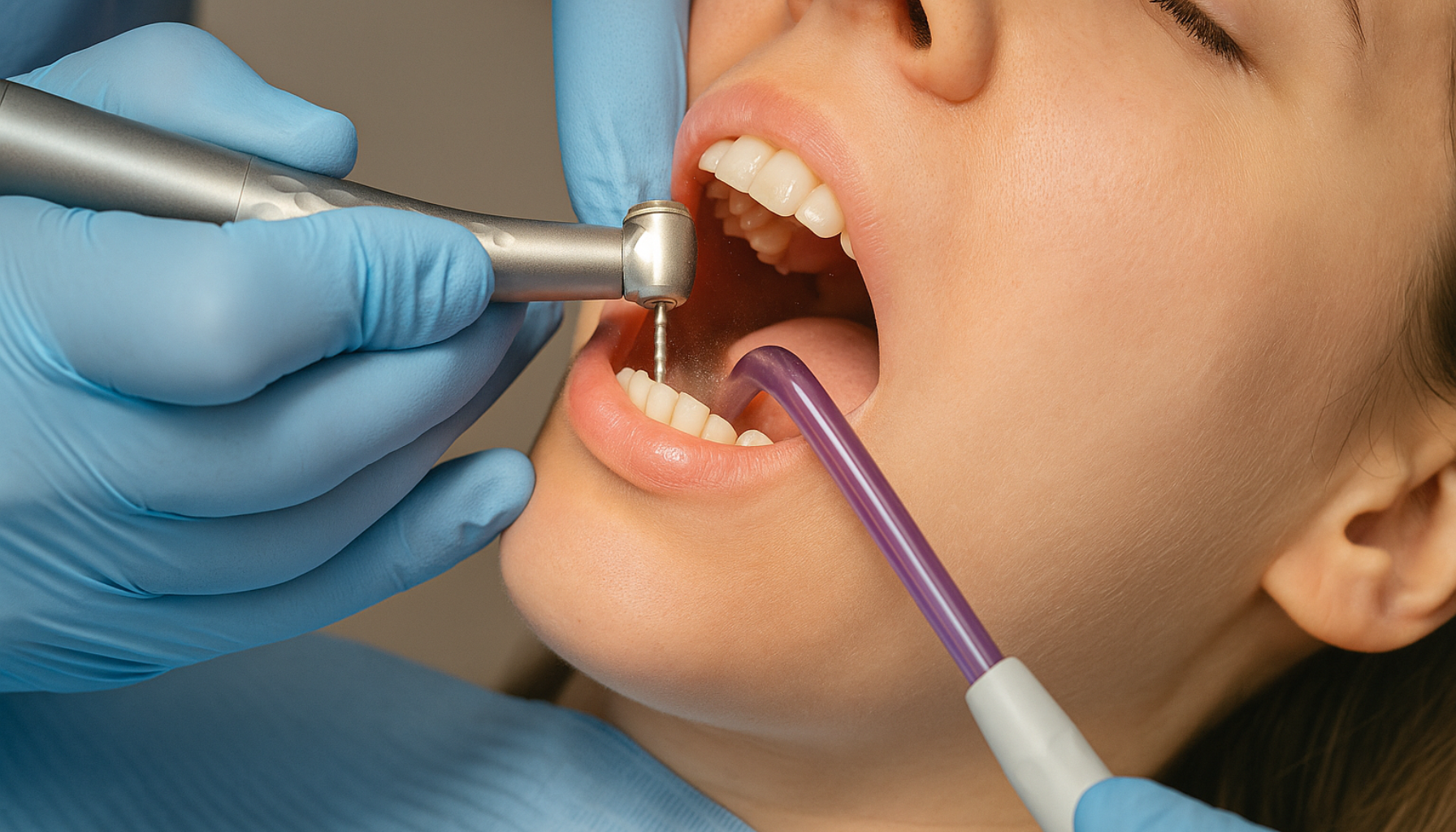 Tannlege borer i tann hos pasient med åpnet munn under behandling, viser nøyaktig tannlegearbeid og utstyr.