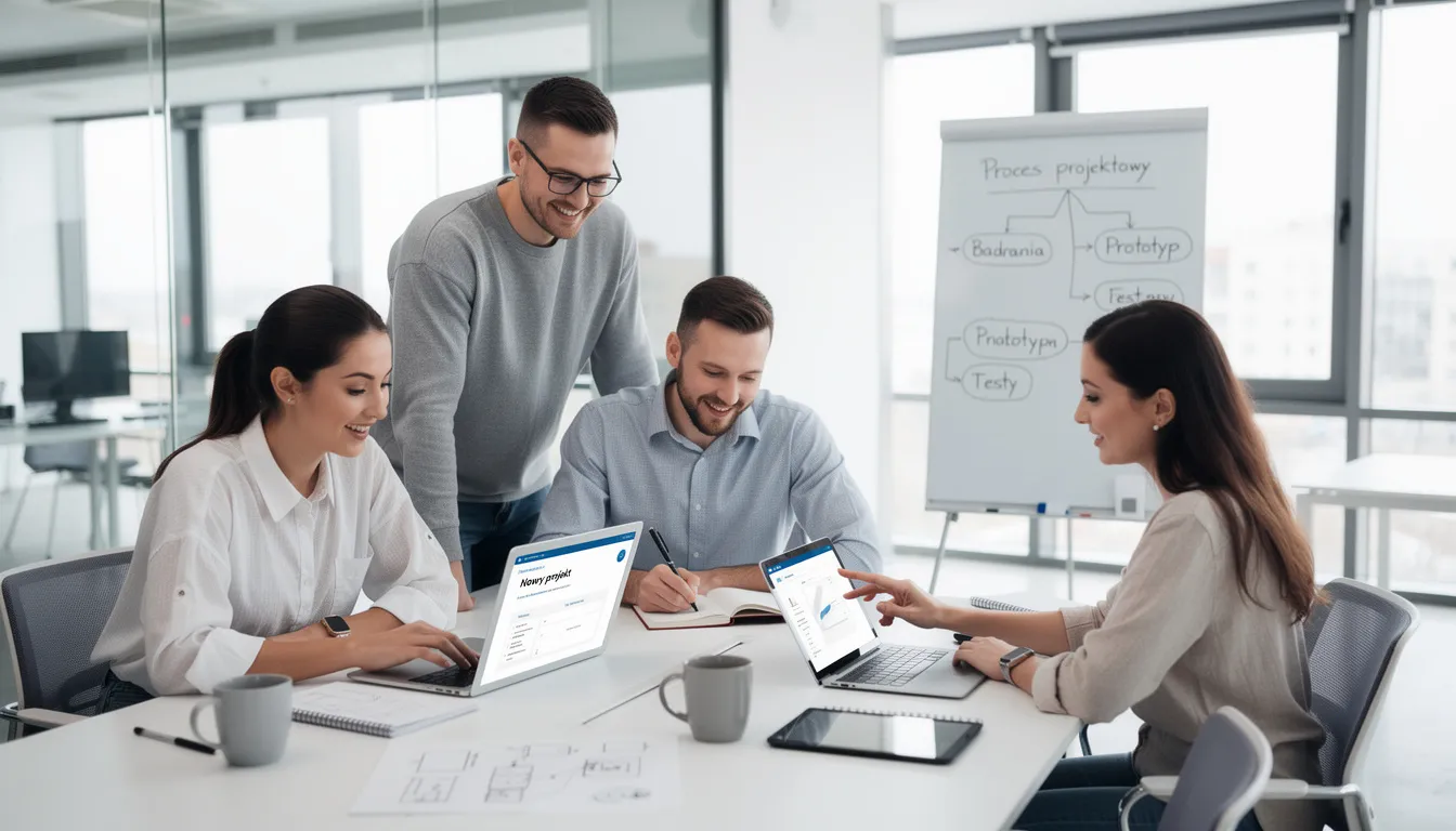 Zespół projektowy pracuje wspólnie przy laptopach w nowoczesnym biurze, koncentrując się na zarządzaniu projektami i efektywnym wdrożeniu systemu CRM. W tle widać elementy biurowe, które sprzyjają kreatywnej atmosferze i współpracy.