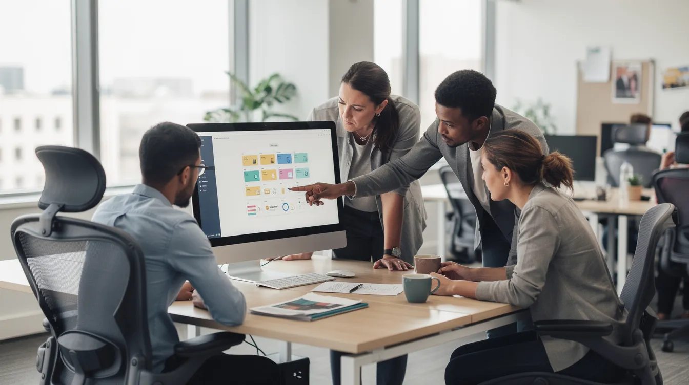Billedet viser et team, der samarbejder omkring en computerskærm i et kontormiljø, hvor de diskuterer finansielle tjenesteydelser og strategier. Deres fokus er på at sikre overholdelse af reglerne og finde skræddersyede løsninger til forbrugerne.